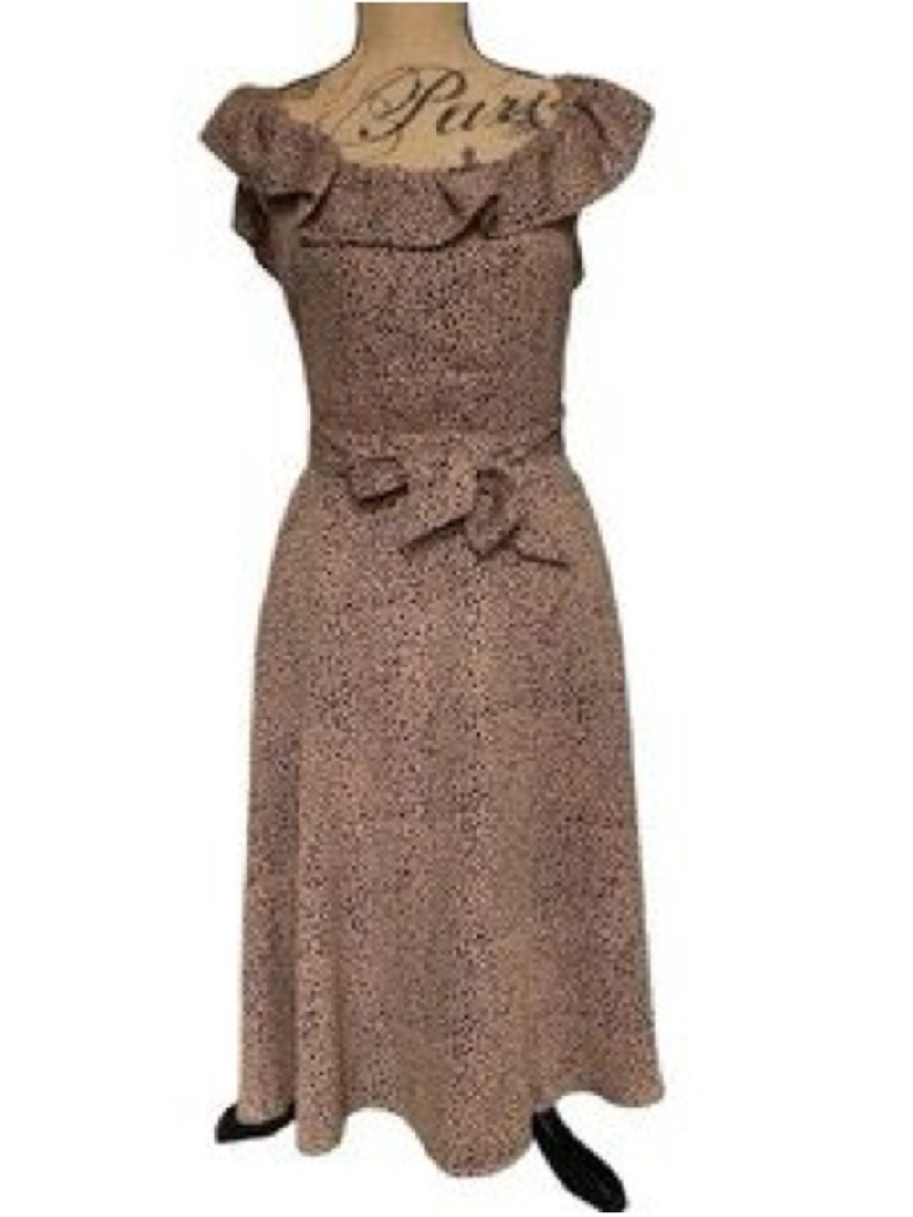Reset By Jane‎ Sleeveless Ruffle Neck Brown Printed Midi Dress Waist Tie pockets
